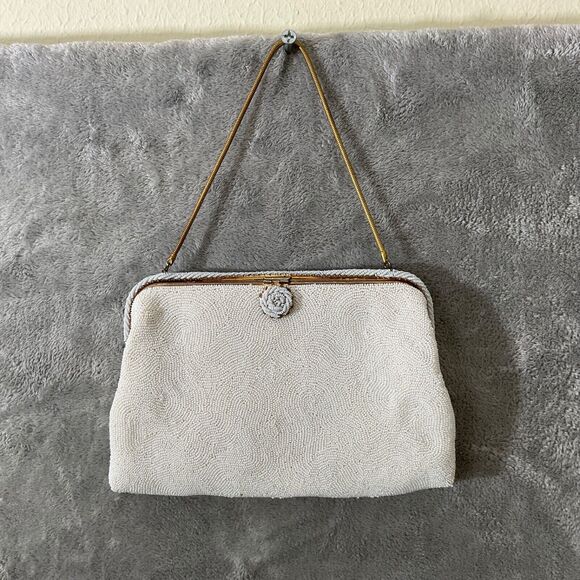 Vintage White Beaded 1950's Purse made in France for foley’s - Picture 1 of 11